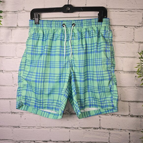 MENS MAAMGIC BLUE AND GREEN PLAID SWIM SHORTS SIZ SMALL EUC - Picture 1 of 5